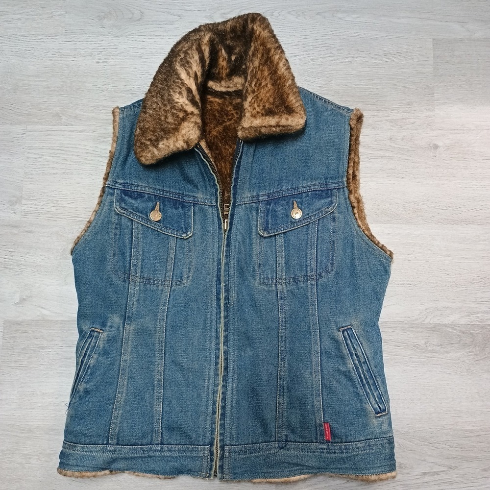 Vintage Y2K Reversible Esprit Fur Lined Denim Jean Vest Women's Size Small